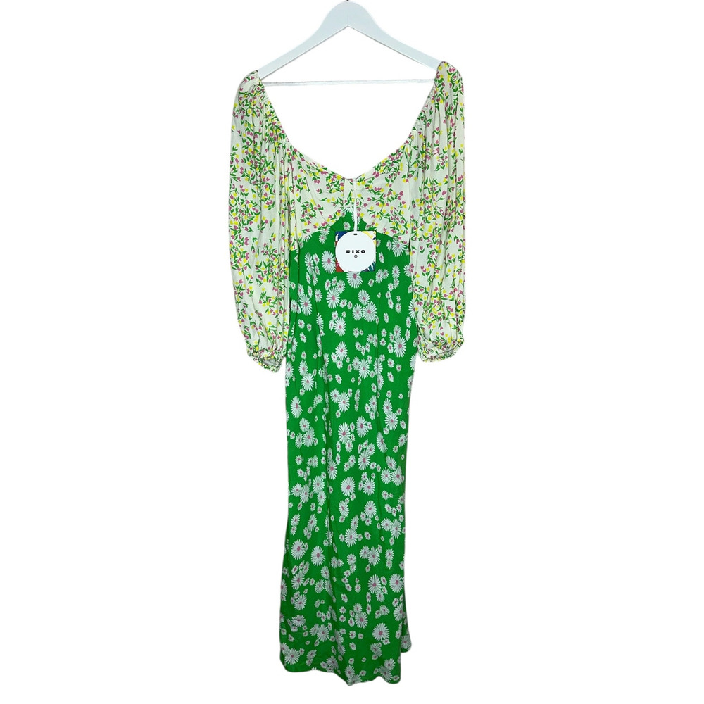 NWT RIXO Target Daisy Green Pink V Neck Floral Rushed Midi Swing Dress Size 12 - Picture 5 of 10